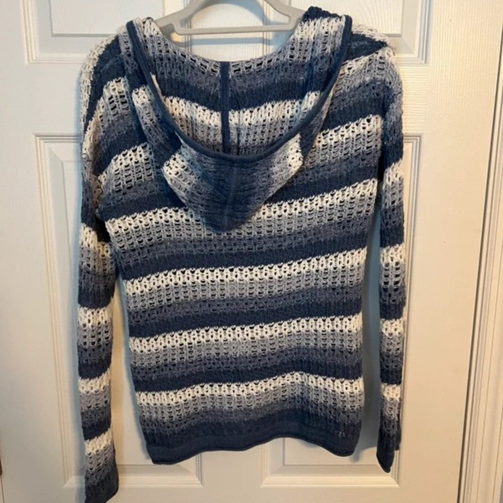Tommy Bahama Blue & White Striped Open-Knit V-Neck Hoodie Sweater - Picture 2 of 5